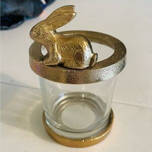 Metal rabbit candle holder with clear glass hurricane shade brass finish easter